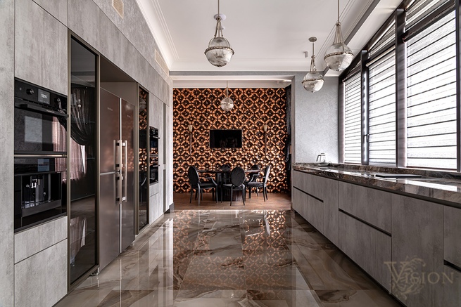 Кухня двухярдная 303 из МДФ серый бетон на заказ в Москве | Фабрика Vision