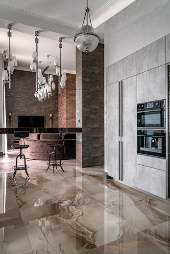 Кухня двухярдная 303 из МДФ серый бетон на заказ в Москве | Фабрика Vision
